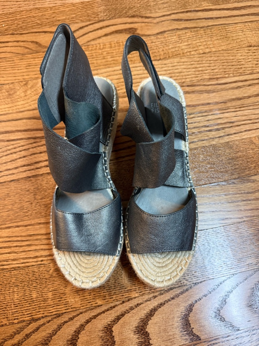 Eileen Fisher Black Leather Espadrille Slingback Wedge Sandals